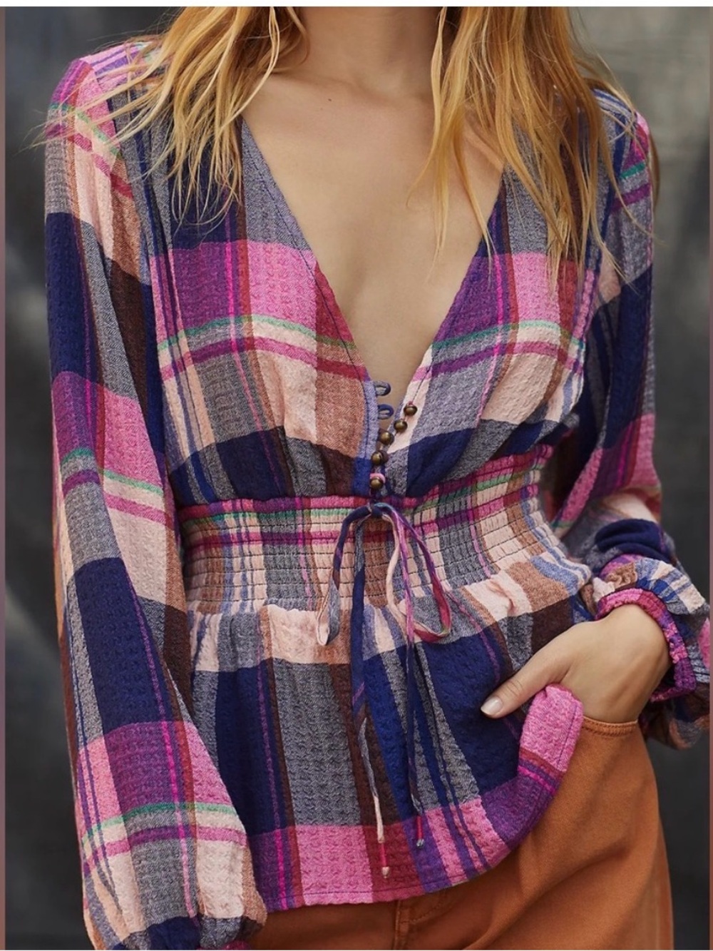 Pilcro Anthropologie Plaid Smocked Peplum Blouse Women’s Small Boho Cottagecore